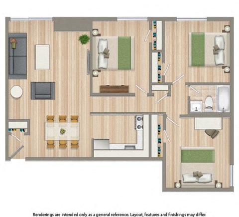 3 bedroom apartment floor plan rendering at washington view apartments in washington dc